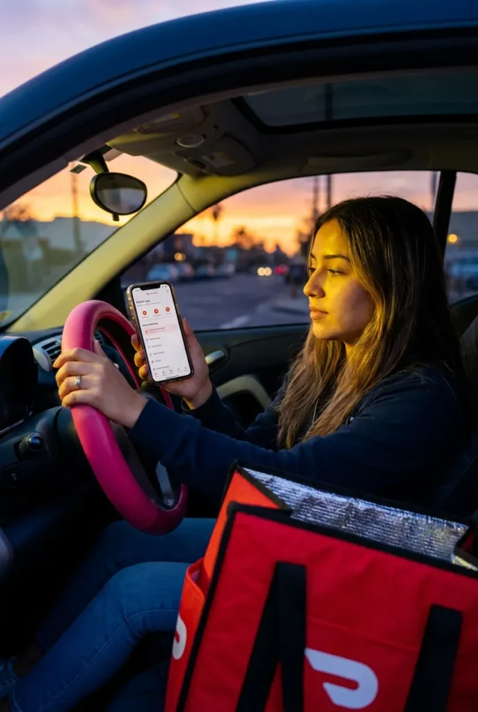 Dasher holding phone with DoorDash app open during peak hour delivery shift