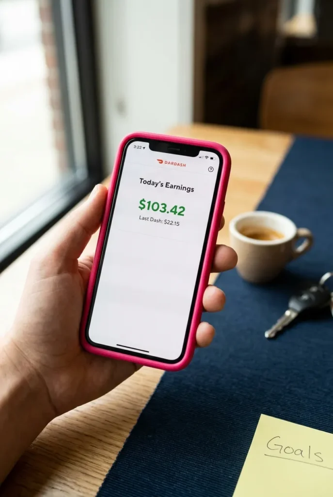 Phone screen showing DoorDash daily earnings dashboard with $103 total for the day
