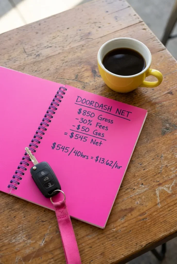 Notebook with handwritten DoorDash earnings calculation showing gross pay minus gas and taxes