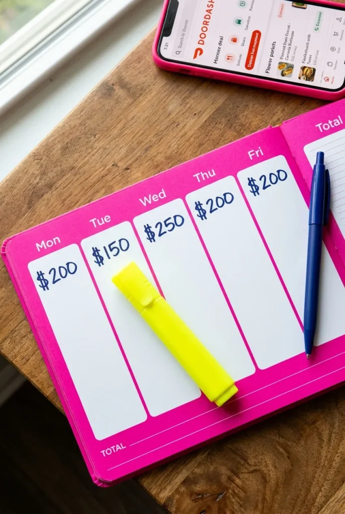 Weekly DoorDash earnings calendar showing the plan to hit $1000 in five days