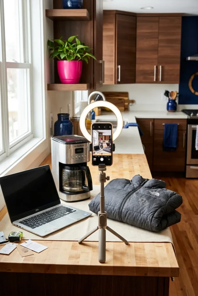 Staging area with household items being photographed to sell on Marketplace for fast cash.