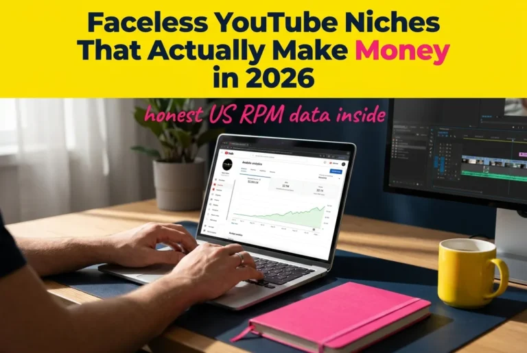 Faceless YouTube niches that make money 2026 featured pin with laptop showing YouTube Studio analytics