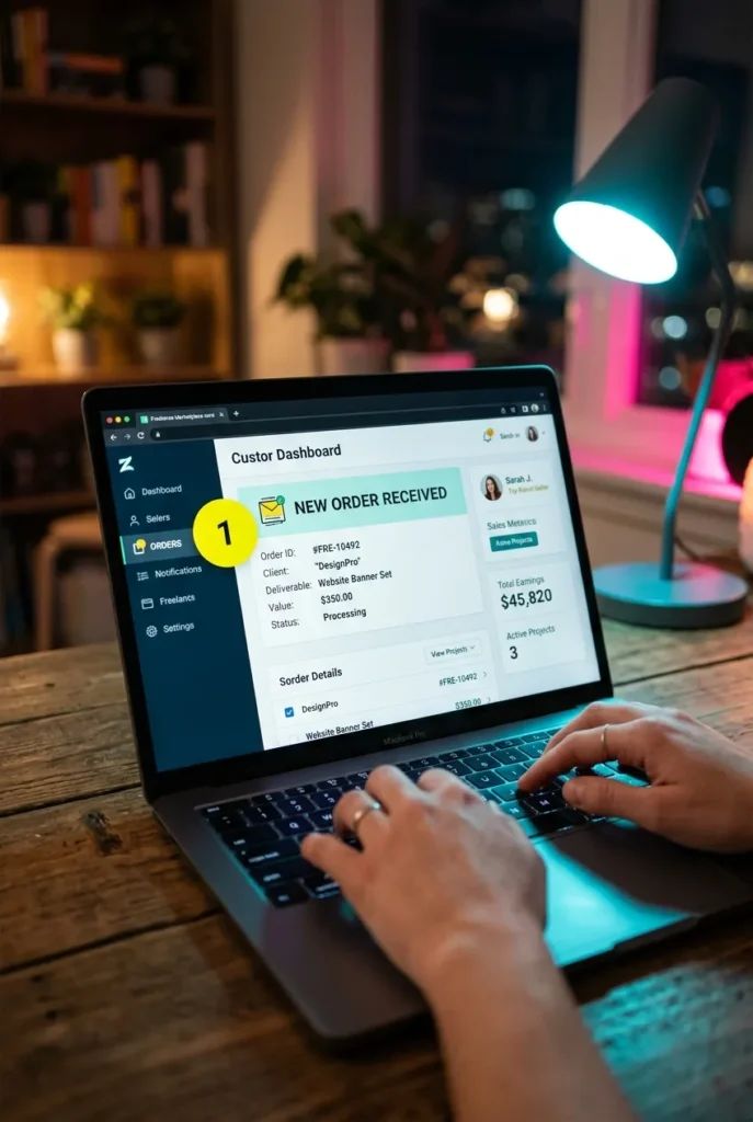 Freelancer laptop screen showing online gig dashboard for same-day cash hustles.