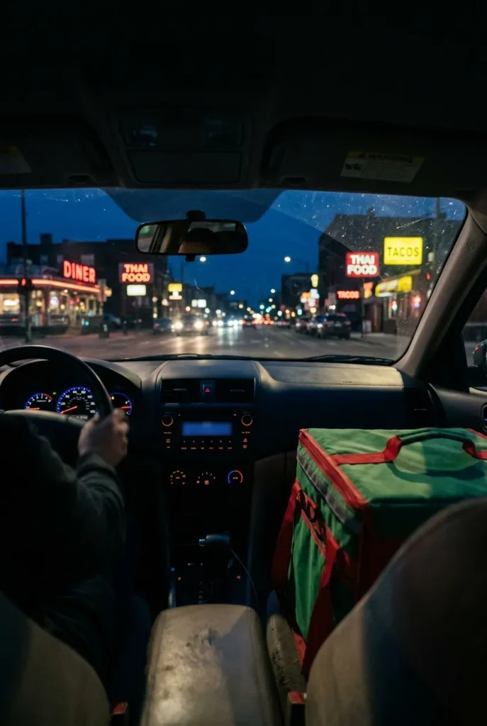 Gig driver POV inside car at dusk with food delivery bag for same-day cash hustles.