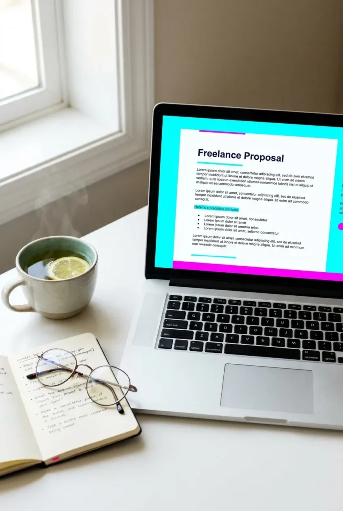 Laptop screen showing a freelance proofreading job proposal being written on Upwork or Fiverr from home.