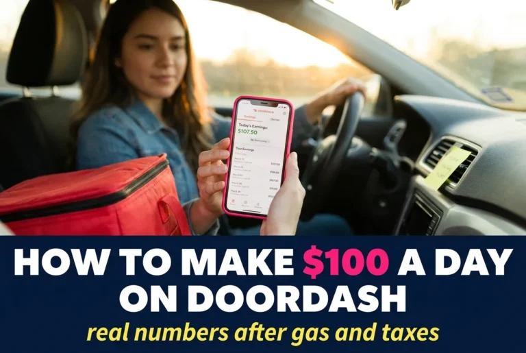 How to make $100 a day on DoorDash featured pin showing Dasher checking earnings dashboard at sunset