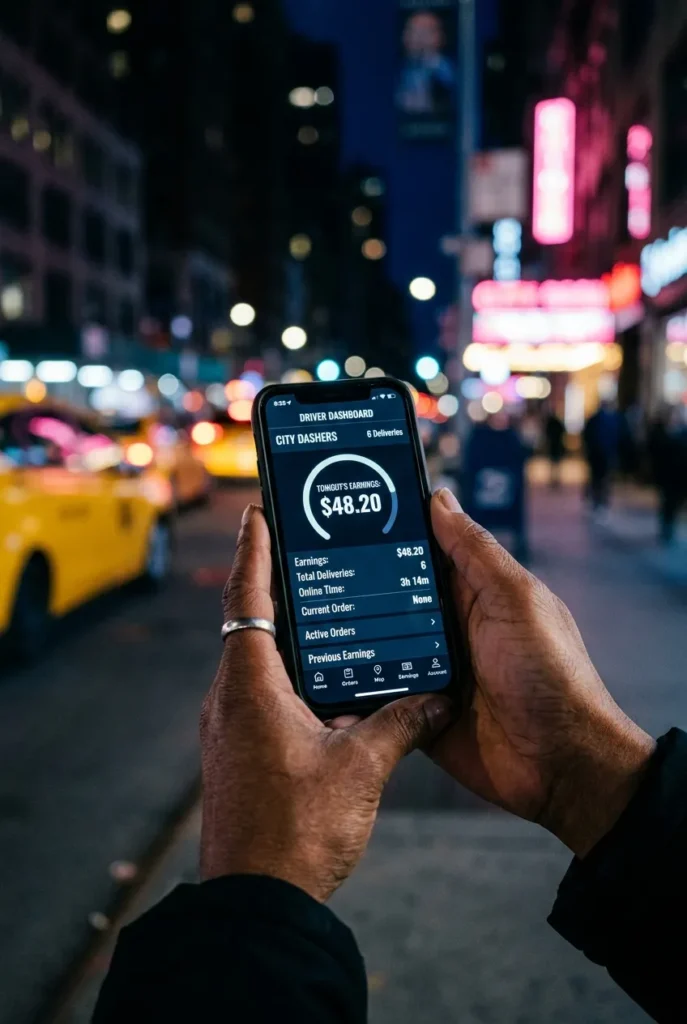 Hands holding smartphone with delivery app open showing earnings to make $50 tonight.