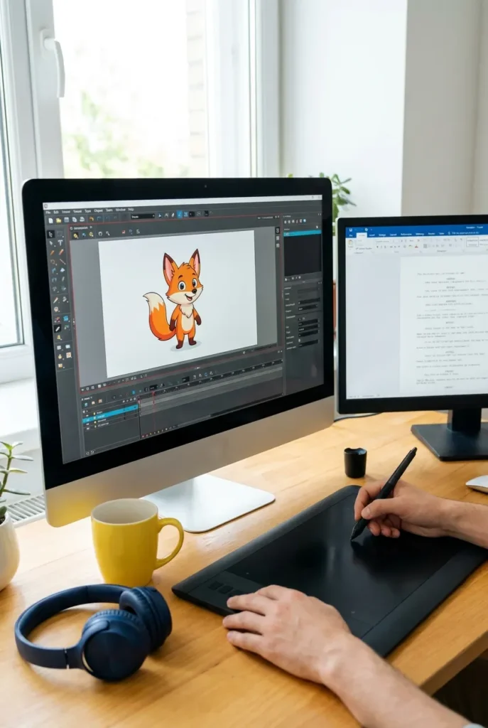 Animation software interface showing kids educational character on screen for faceless YouTube