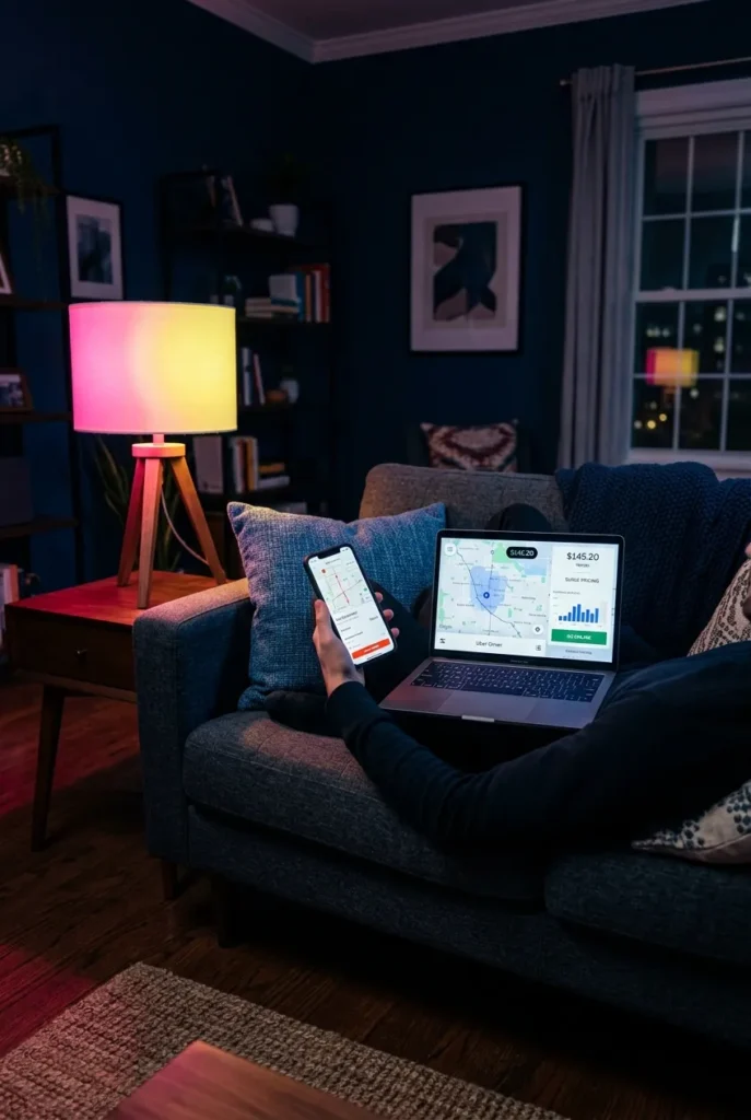 Person on couch at night with multiple gig apps open to make $50 tonight.