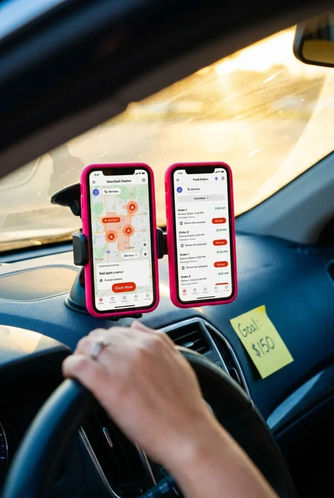 Two phones mounted on car dashboard showing DoorDash and Uber Eats apps for multi-app stacking