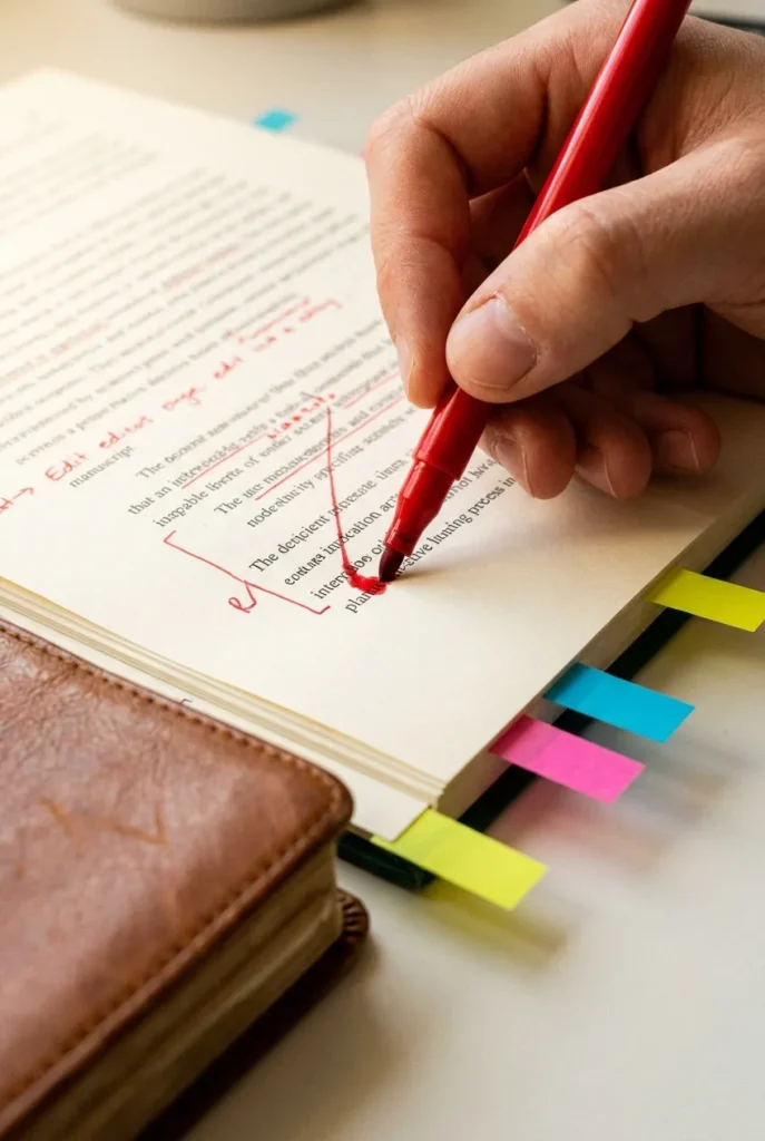 Hand using red pen to mark up an academic manuscript for niche proofreading jobs from home.