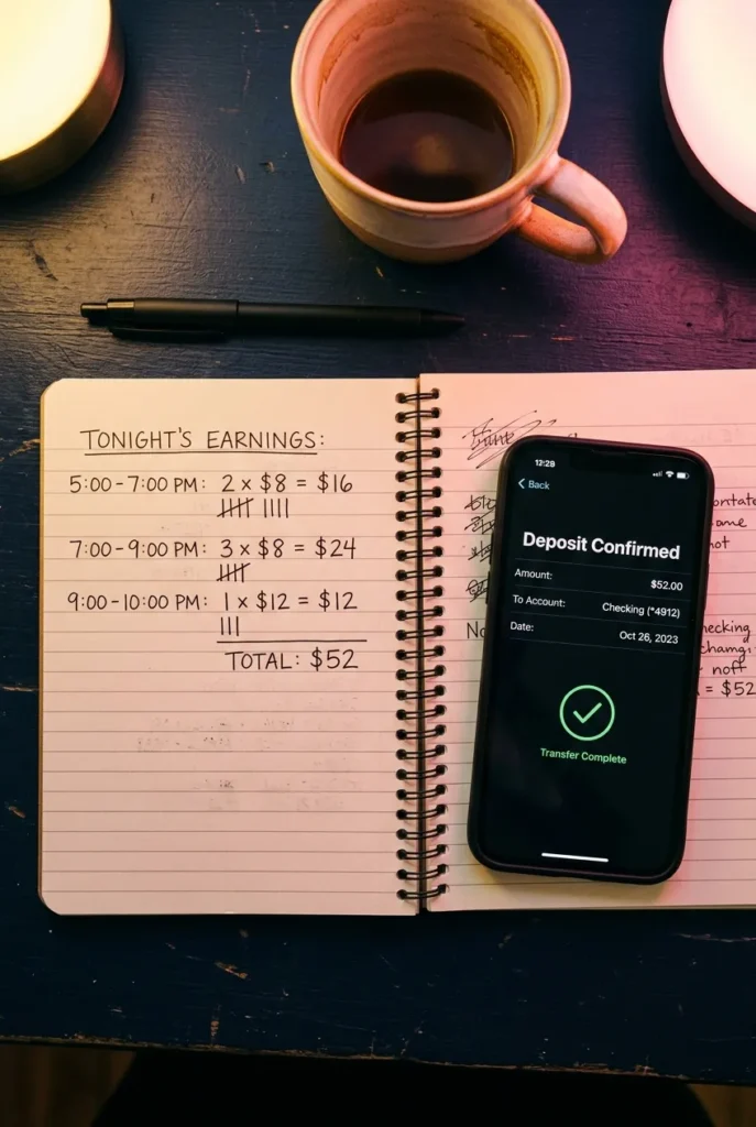 Notebook with handwritten earnings tally next to phone showing $50 tonight result.