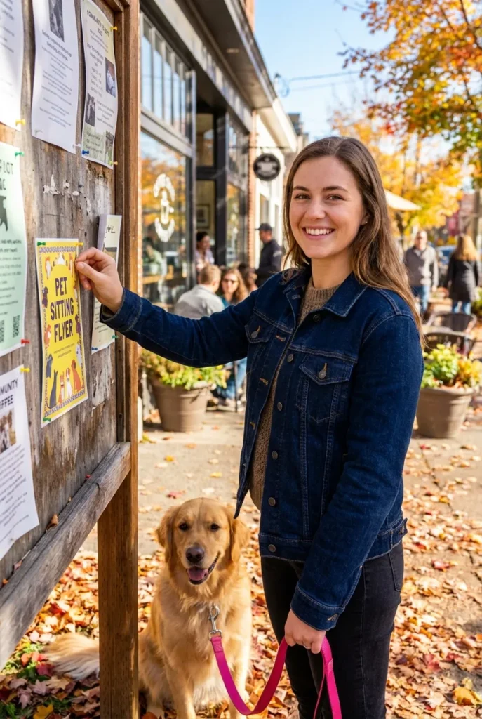 Pet sitter pinning flyer on neighborhood bulletin board with golden retriever at her side
