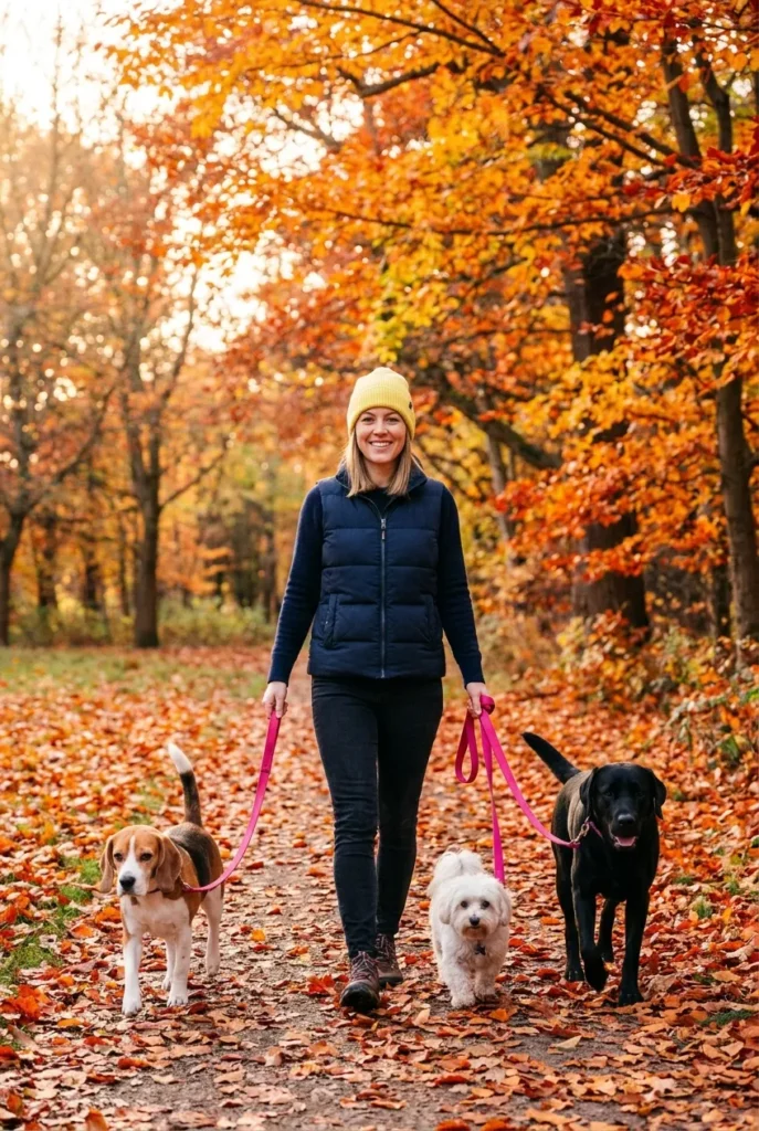 Smiling pet sitter walking three different breed dogs together in colorful autumn park