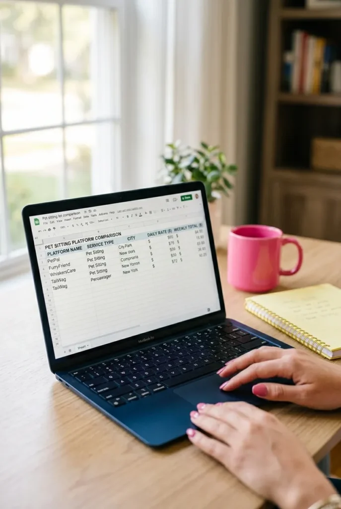 Pet sitting app payout comparison chart on laptop screen at home desk
