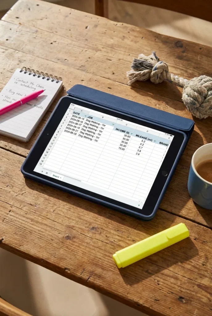 Pet sitting side hustle income and mileage tracker spreadsheet on tablet