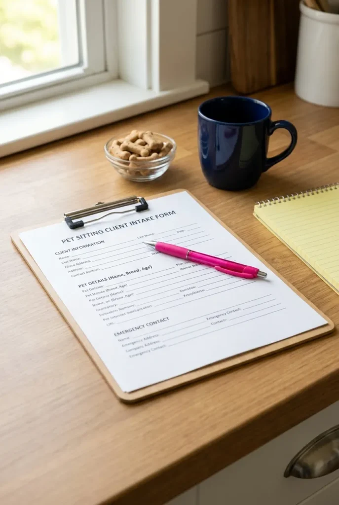 Pet sitting client intake form on clipboard with pen on kitchen counter