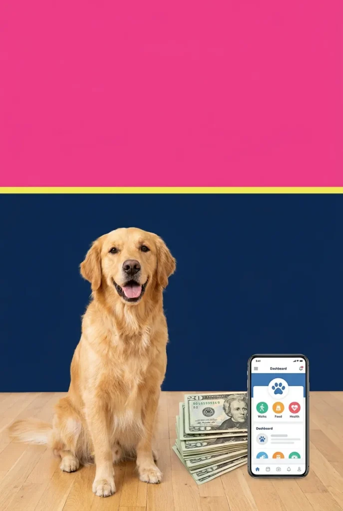 Pinterest pin showing pet sitting apps that pay more than Rover with golden retriever and cash