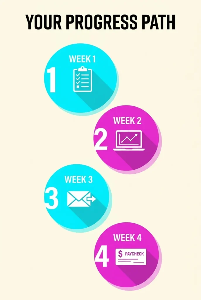 Flat-style infographic of a 30-day plan to land proofreading jobs from home for beginners.