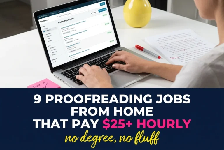 Proofreading jobs from home featured image with laptop and red pen showing remote proofreader workspace for beginners.