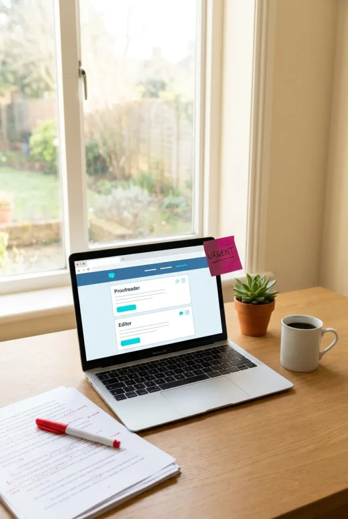 Cozy home office desk with laptop showing online proofreading jobs from home and a red pen on printed pages.