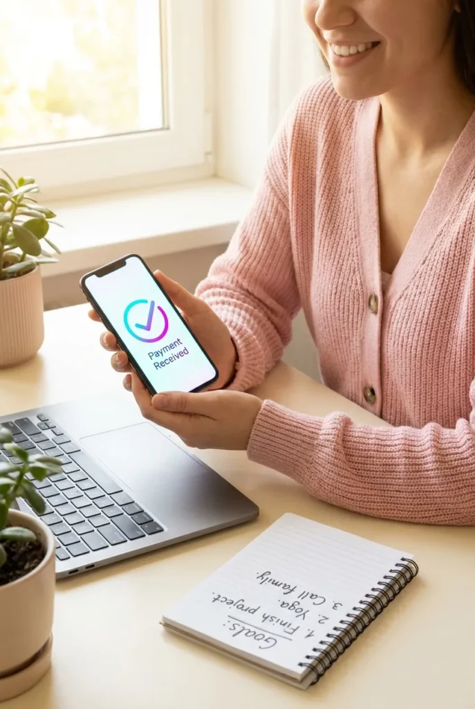 Smiling proofreader holding phone showing first PayPal payment from a remote proofreading job from home.
