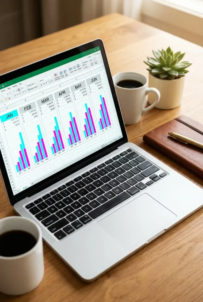 Spreadsheet on laptop tracking monthly proofreading jobs from home income over six months.