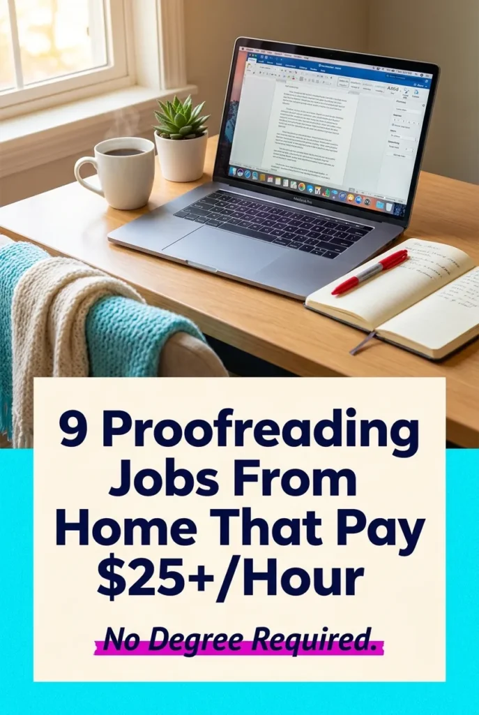 Pinterest pin titled 9 Proofreading Jobs From Home That Pay $25 Per Hour with cozy desk scene.