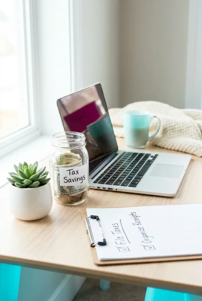 Calm home office with laptop and a glass jar labeled tax savings for proofreading jobs from home income.