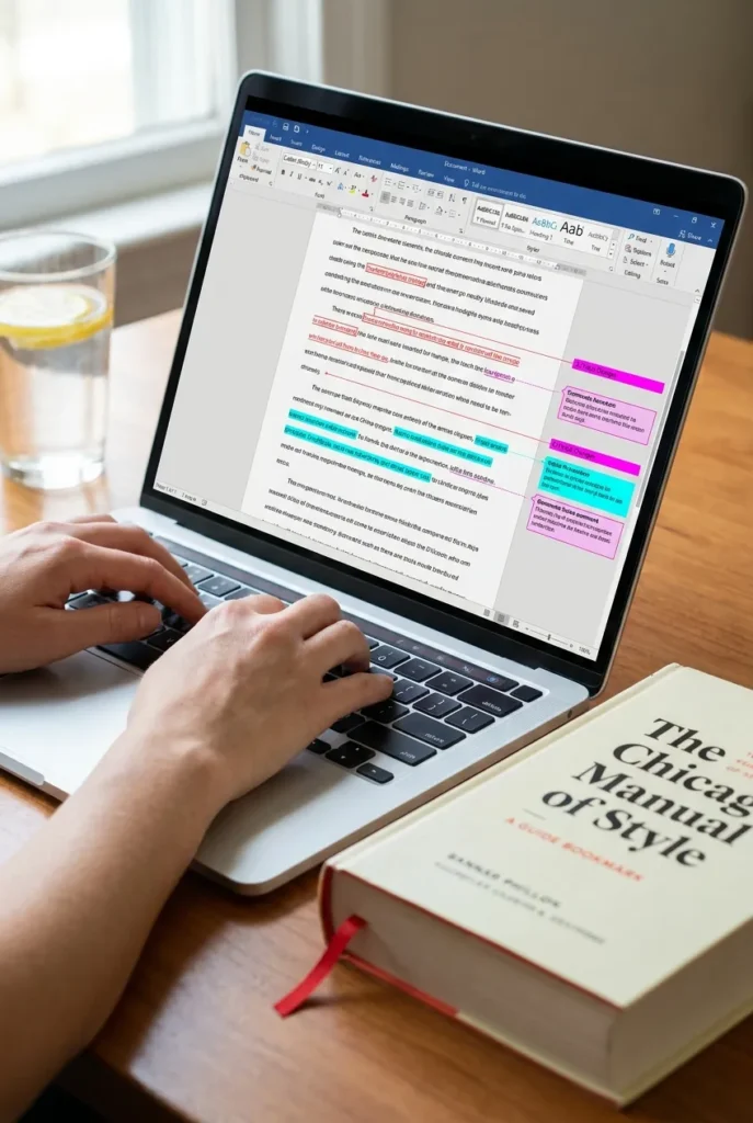 Hands typing on laptop using Microsoft Word Track Changes for a remote proofreading job from home.