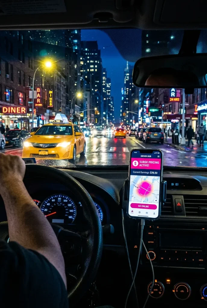 Rideshare driver dashboard view at night showing surge pricing for $50 tonight hustle.
