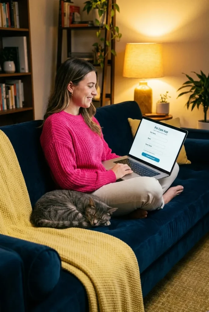 Pet sitter signing up for a pet care app on laptop with cat in lap on cozy couch