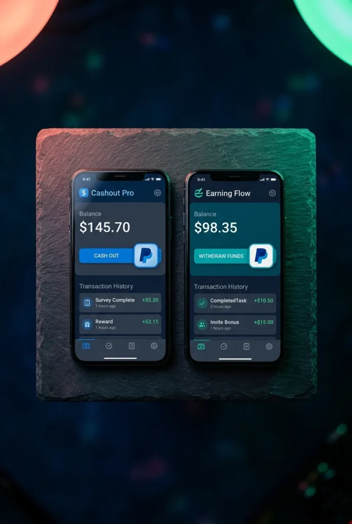 Split-screen phone showing survey and cashback apps with cashout amounts for $50 goal.