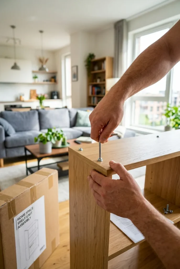Tasker assembling IKEA furniture in bright apartment for same-day cash hustle.