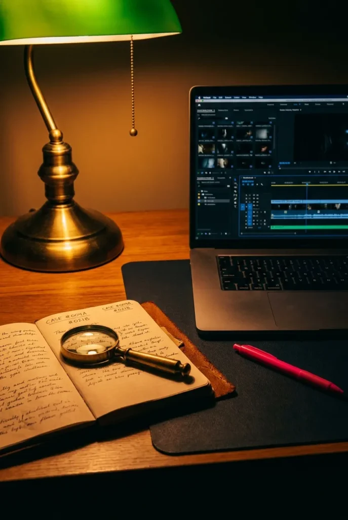 Moody desk setup with magnifying glass notebook and laptop for true crime faceless YouTube channel